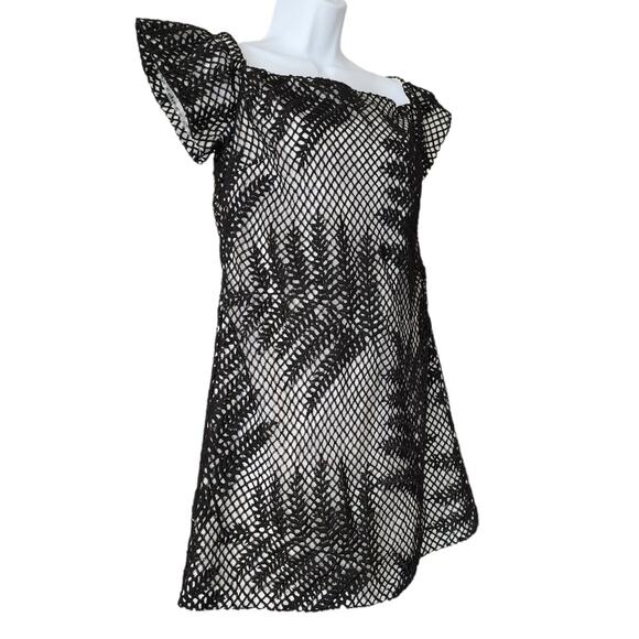 Hutch Off the Shoulder Cap Sleeve Dress – Black Mesh Leaf Overlay Size 6 - Picture 5 of 10